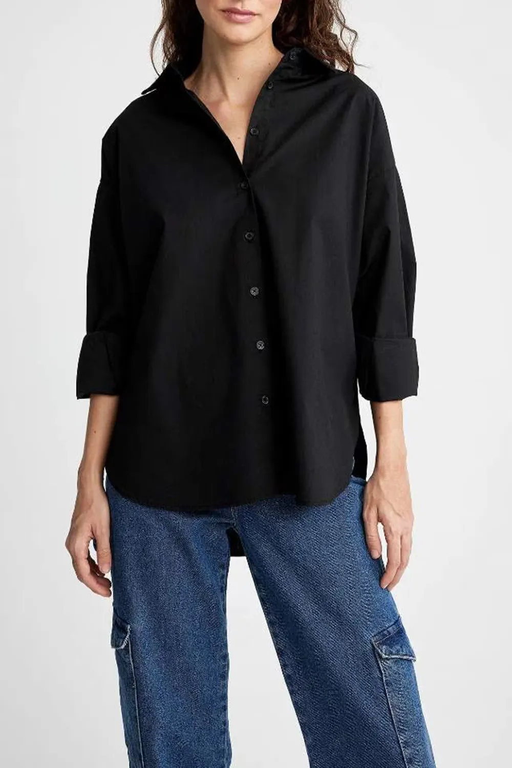 Oversize Fit Shirt Collar Poplin Long Sleeve Shirt