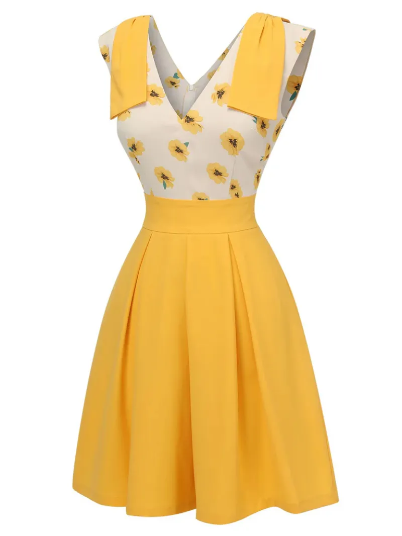 YELLOW 1940S V-NECK SUNFLOWER PATCHWORK JUMPSUIT