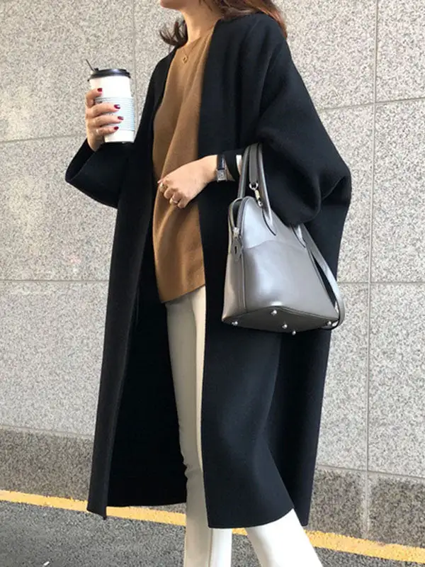 Long Sleeves Loose Solid Color Collarless Woolen Coat