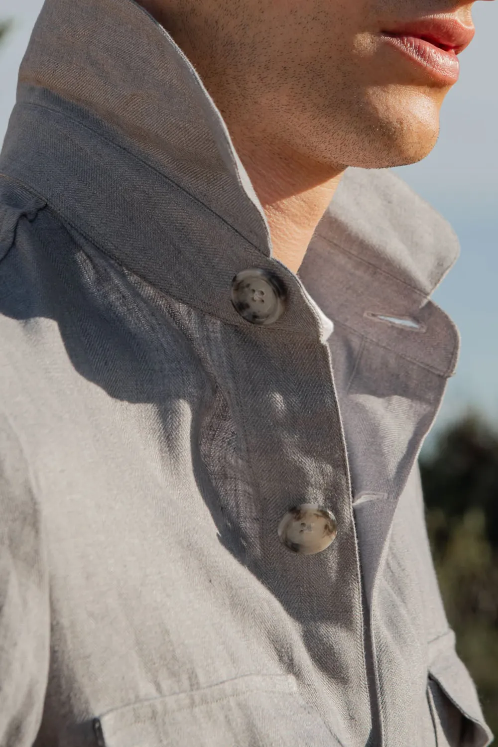 Sky Grey Herringbone Linen Safari Jacket