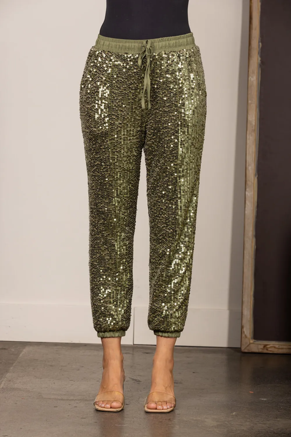 OLIVE SEQUIN HIGH WAISTED DRAWSTRING JOGGER PANTS