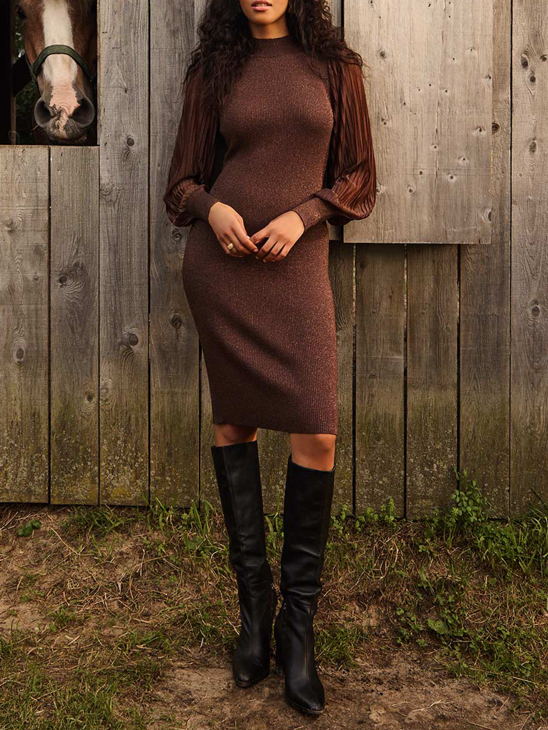 Metallic Mock Neck Midi Dress With Plisse Sleeves