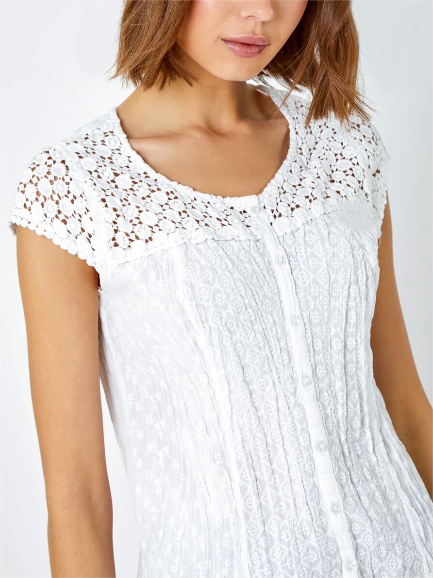 White Lace Yoke and Sleeve Crinkle Blouse