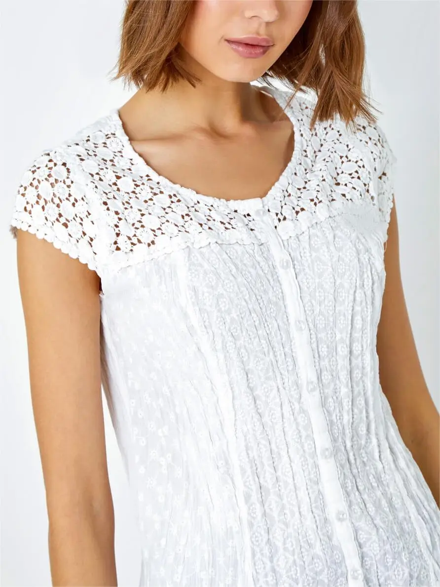 White Lace Yoke and Sleeve Crinkle Blouse