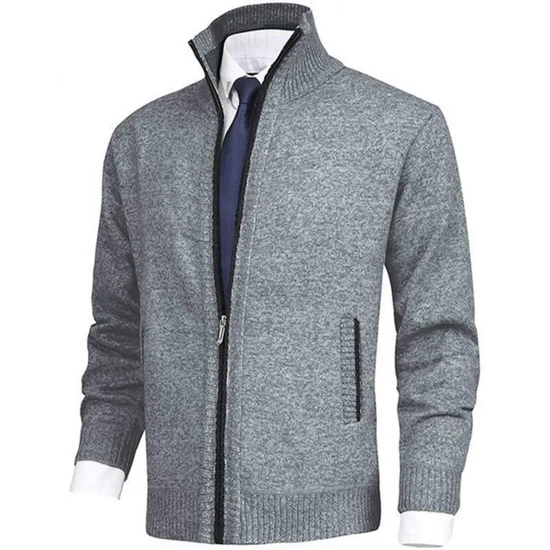 Men's Fashion Solid Color Stand Collar Cardigan Sweater Knit Jacket