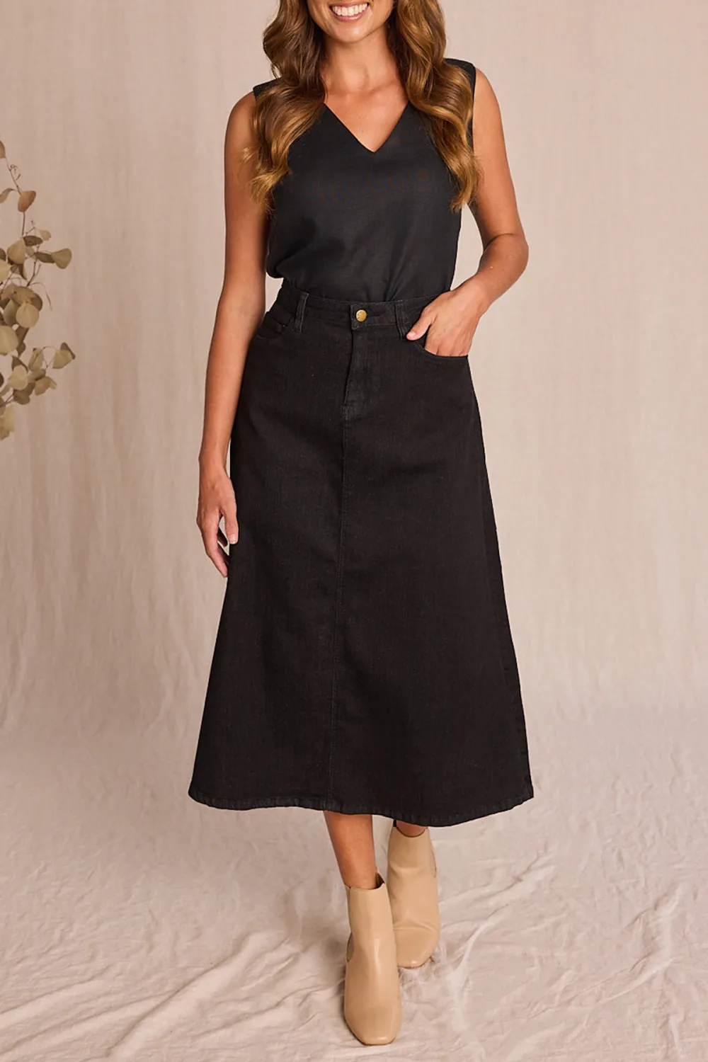 Adrift Denim A-Line Skirt in Black