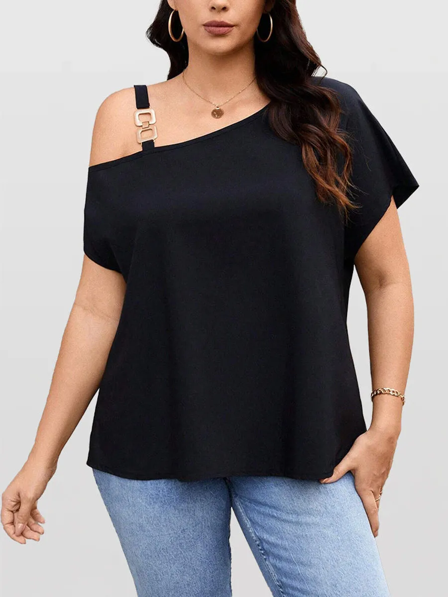 Chain Detail Asymmetrical Neck Batwing Sleeve Tee