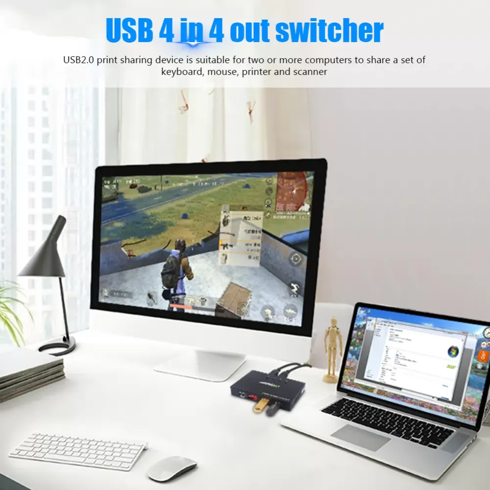 B 2.0 KVM Switch Switcher 4 In 4 Out Shared Printer Suitable For Windows XP / 7 / 8 / 10 / Vista, Android And Mac8.6 Or Above