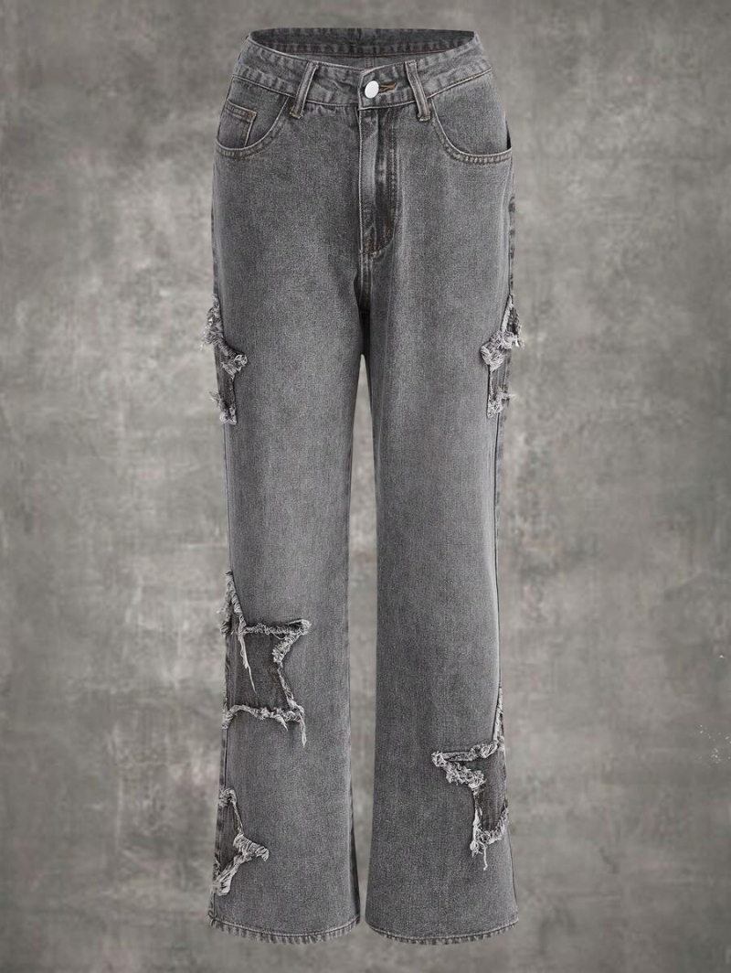 Grunge Punk Retro Cool Street Style Star Patch Embroidered Loose Straight Denim Trousers