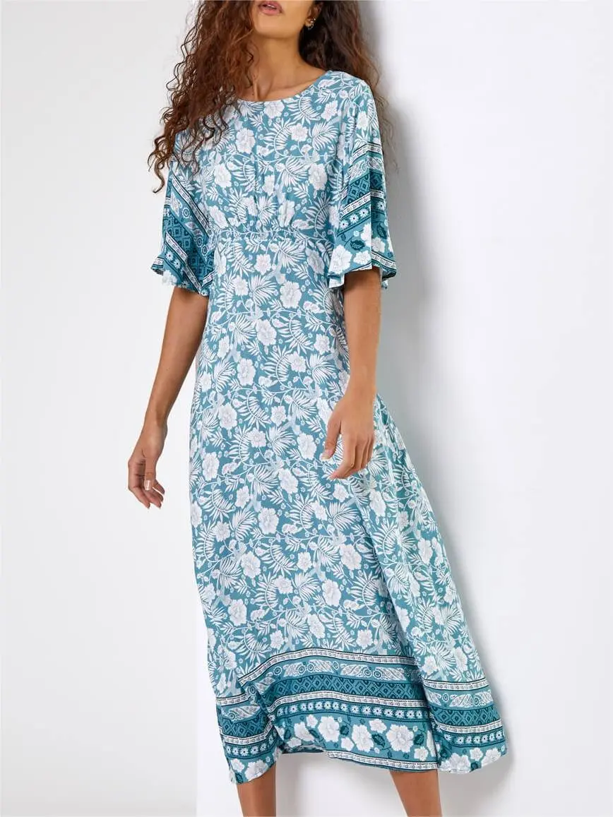 Light Blue Floral Border Print Midi Dress