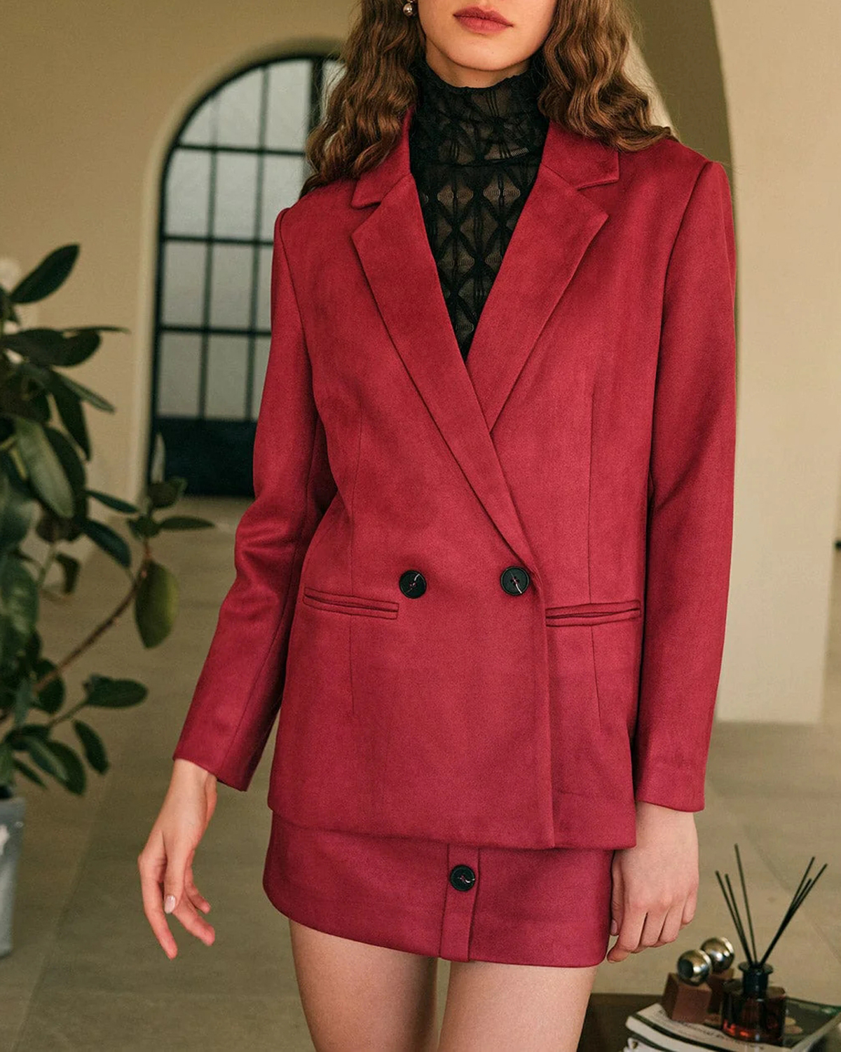 The Collared Solid Single Button Suede Blazer