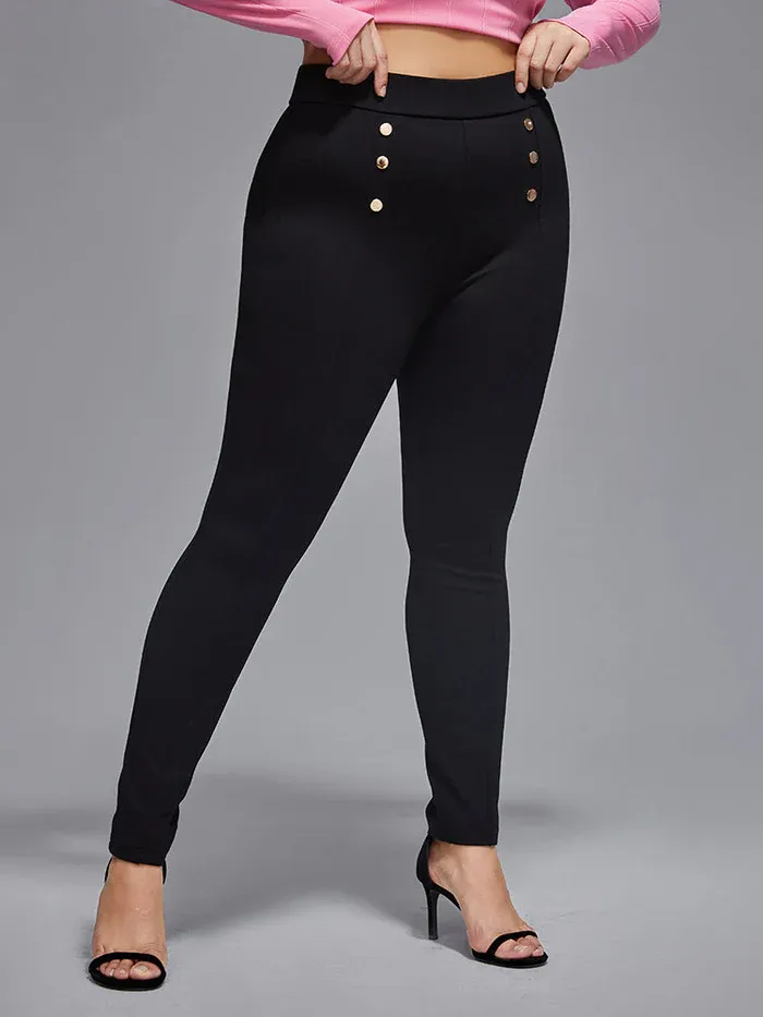 Plus Plain Button Elastic Waist Pants