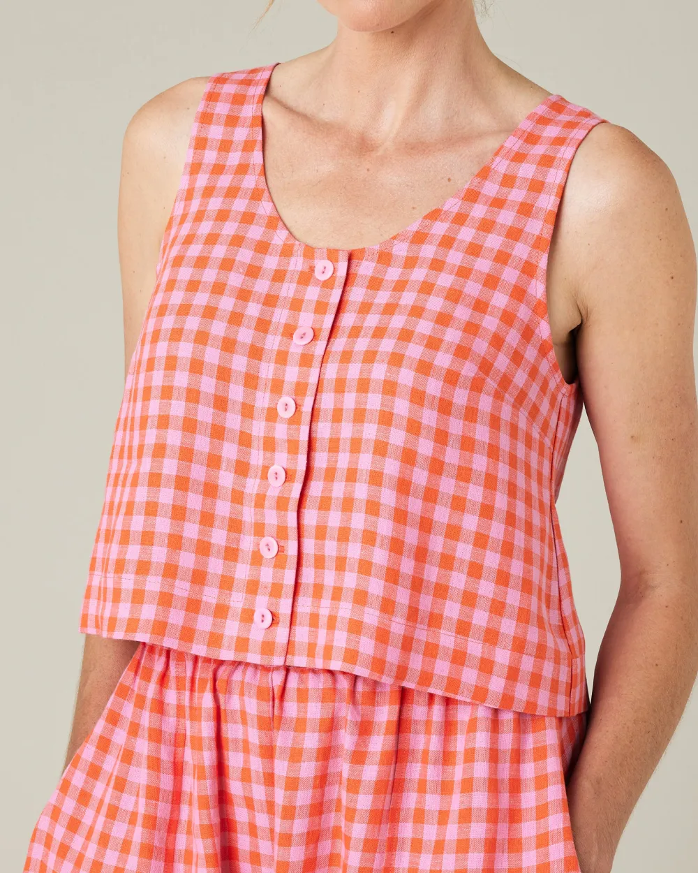 BETTY TOMATO & PINK CHECK LINEN TOP