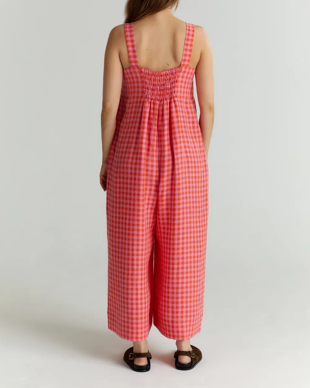 CARI TOMATO & PINK CHECK LINEN JUMPSUIT