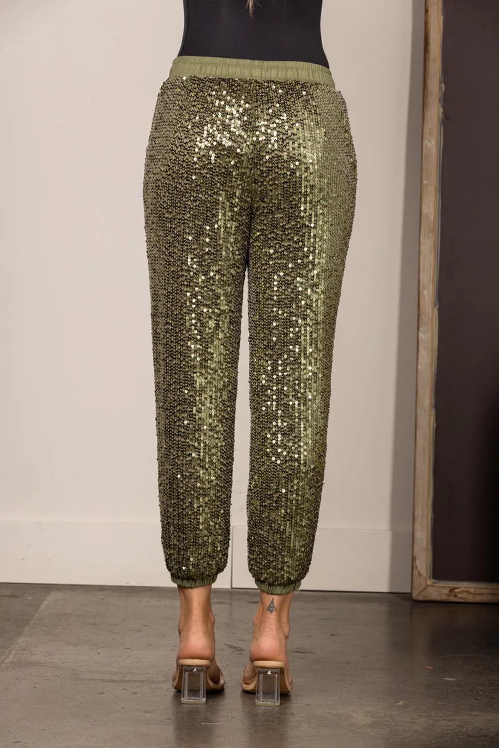 OLIVE SEQUIN HIGH WAISTED DRAWSTRING JOGGER PANTS