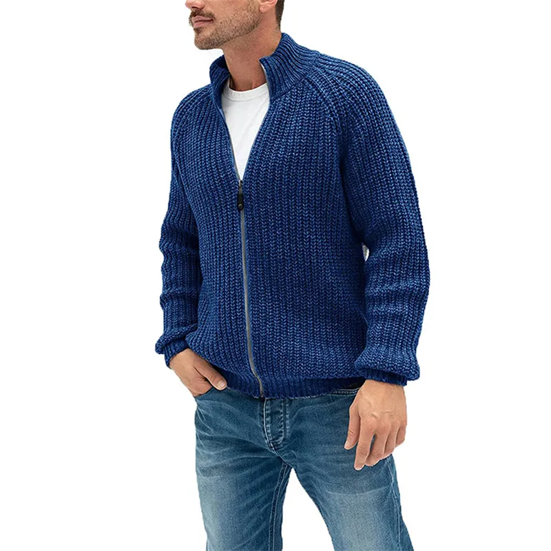 Men's fall and winter sweater cardigan solid color zipper turtleneck thick knit coat woolen sweater