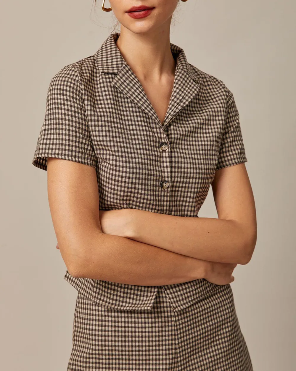 The Brown Lapel Plaid Short Sleeve Blouse