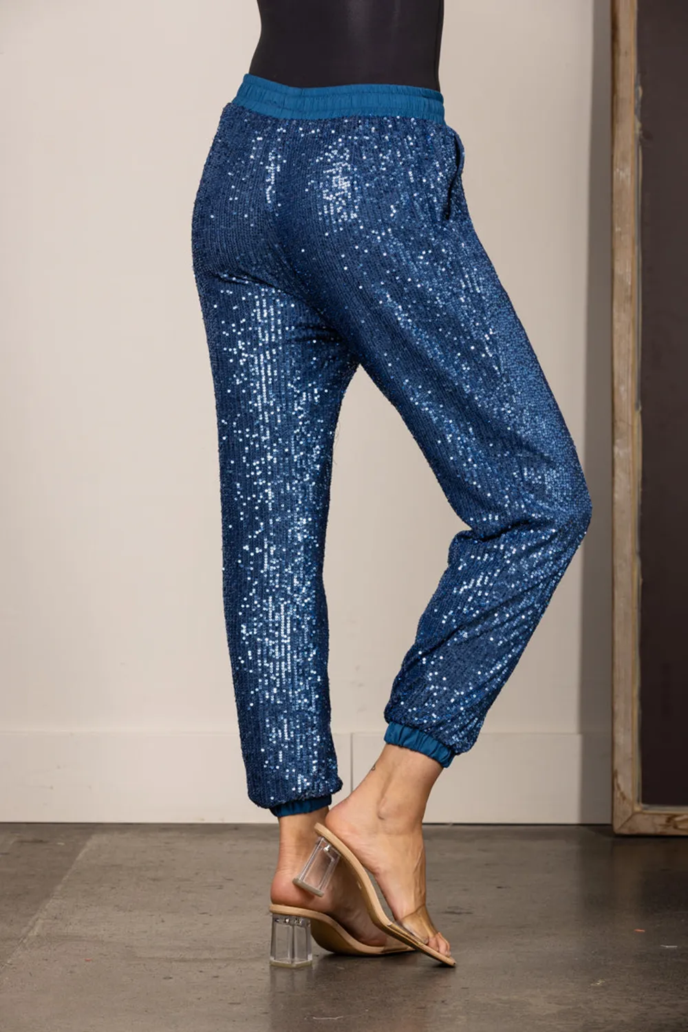 BLUE SEQUIN HIGH WAISTED DRAWSTRING JOGGER PANTS