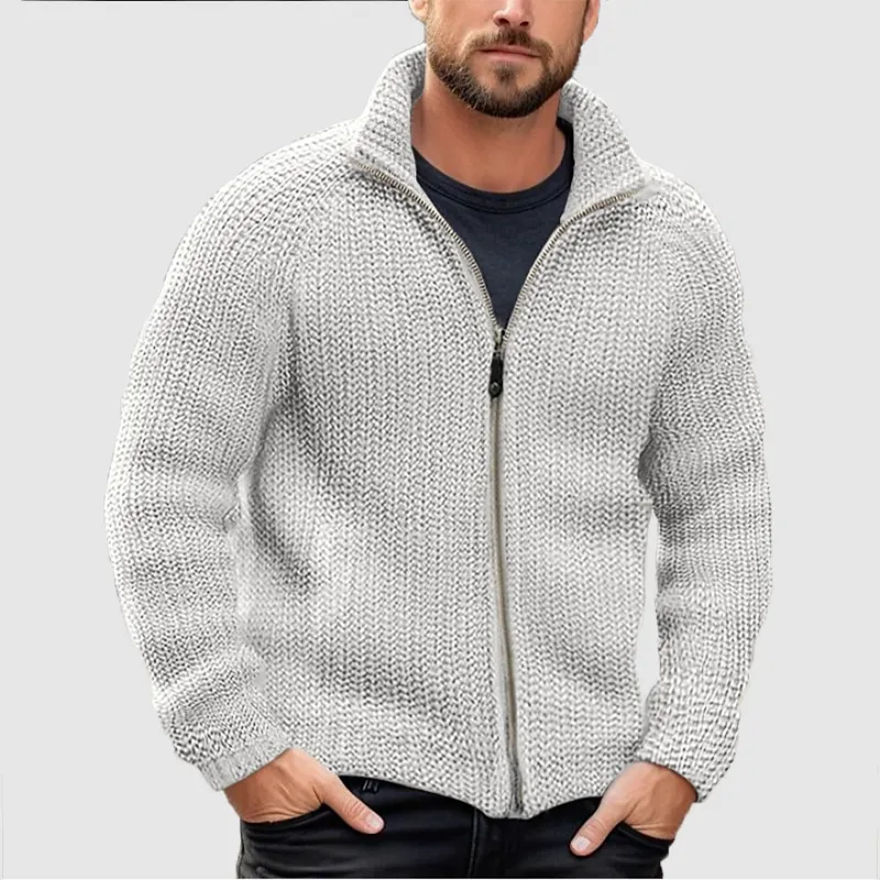 Men's fall and winter sweater cardigan solid color zipper turtleneck thick knit coat woolen sweater