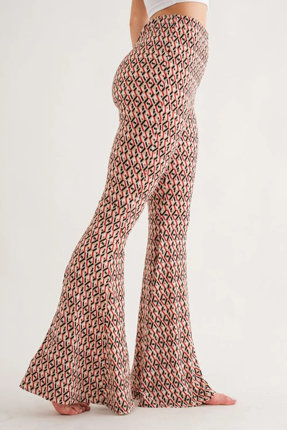 TAUPE GEOMETRIC PRINT WIDE-LEG PANTS