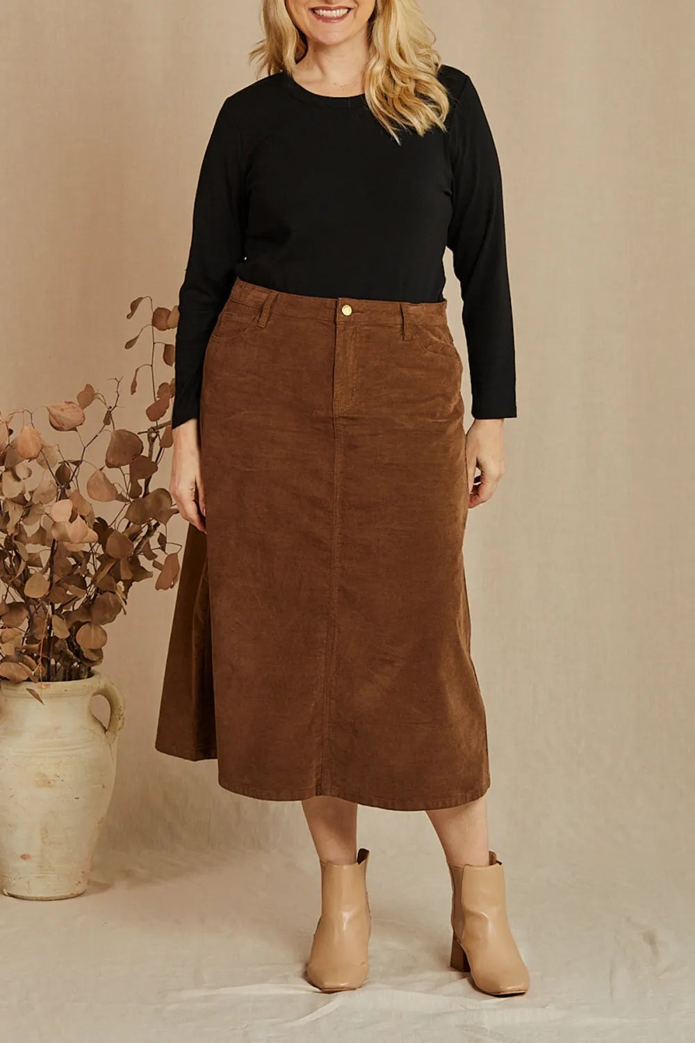 Adrift A-Line Brushed Cotton Skirt in Chocolate