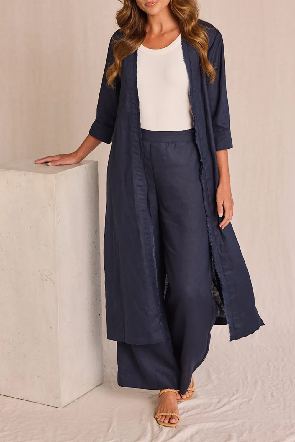 Long Line Fringed Linen Duster Jacket In Navy