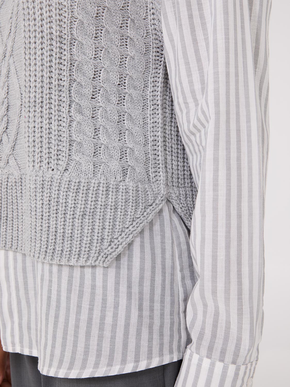 2-Fer Cable Knit Vest With Striped Blouse