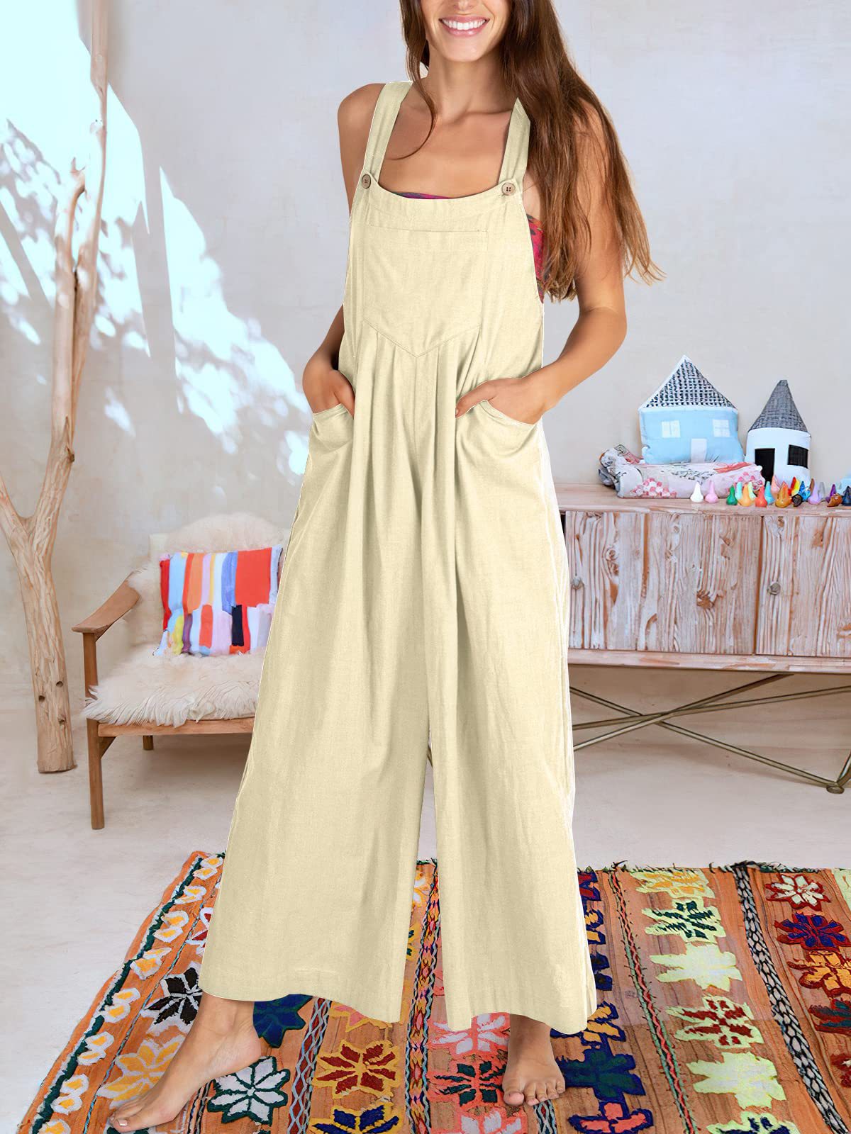 Solid Color Loose Casual Cotton And Linen Suspender Jumpsuit