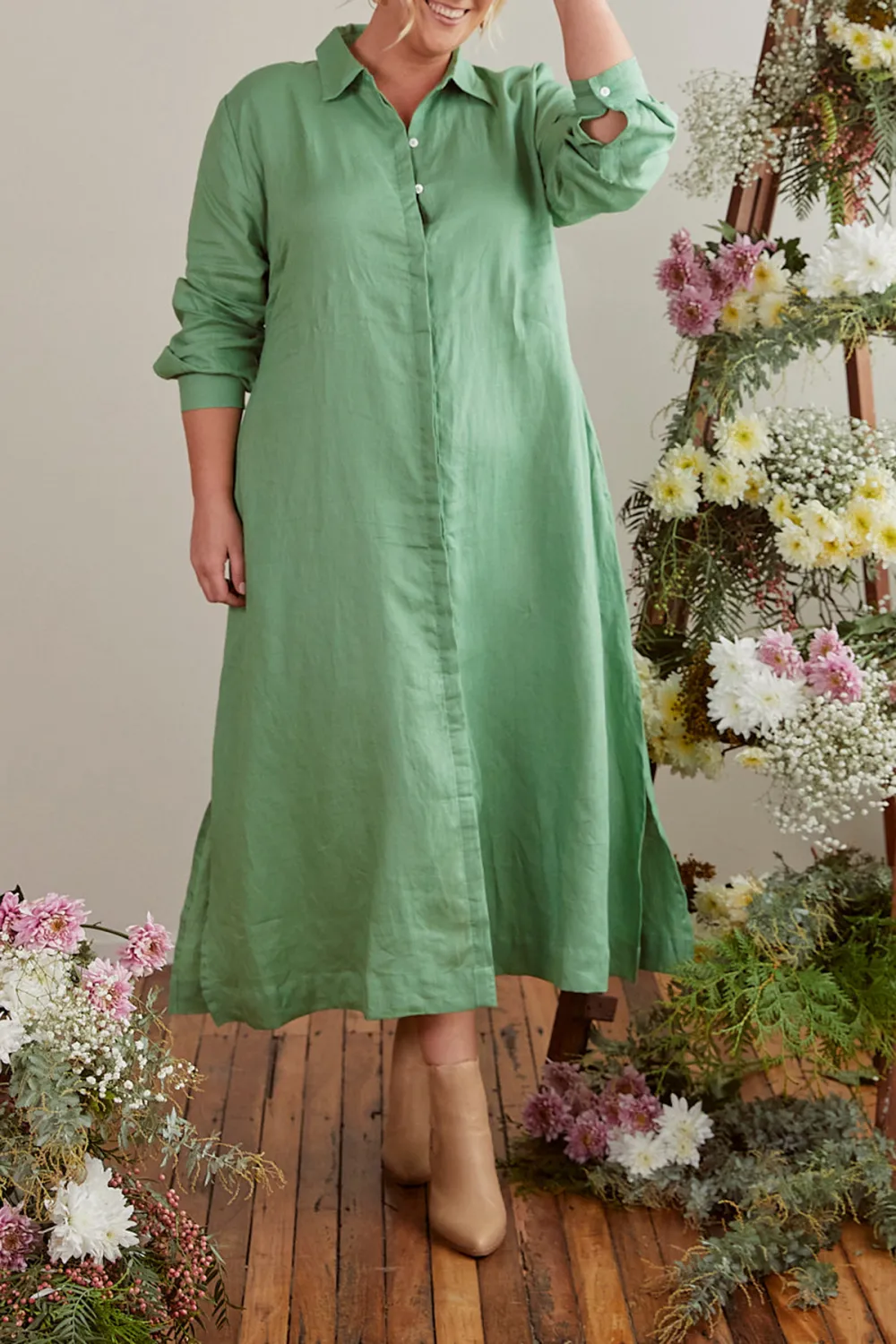 Gracie Long Sleeve Linen Dress in Jadesheen