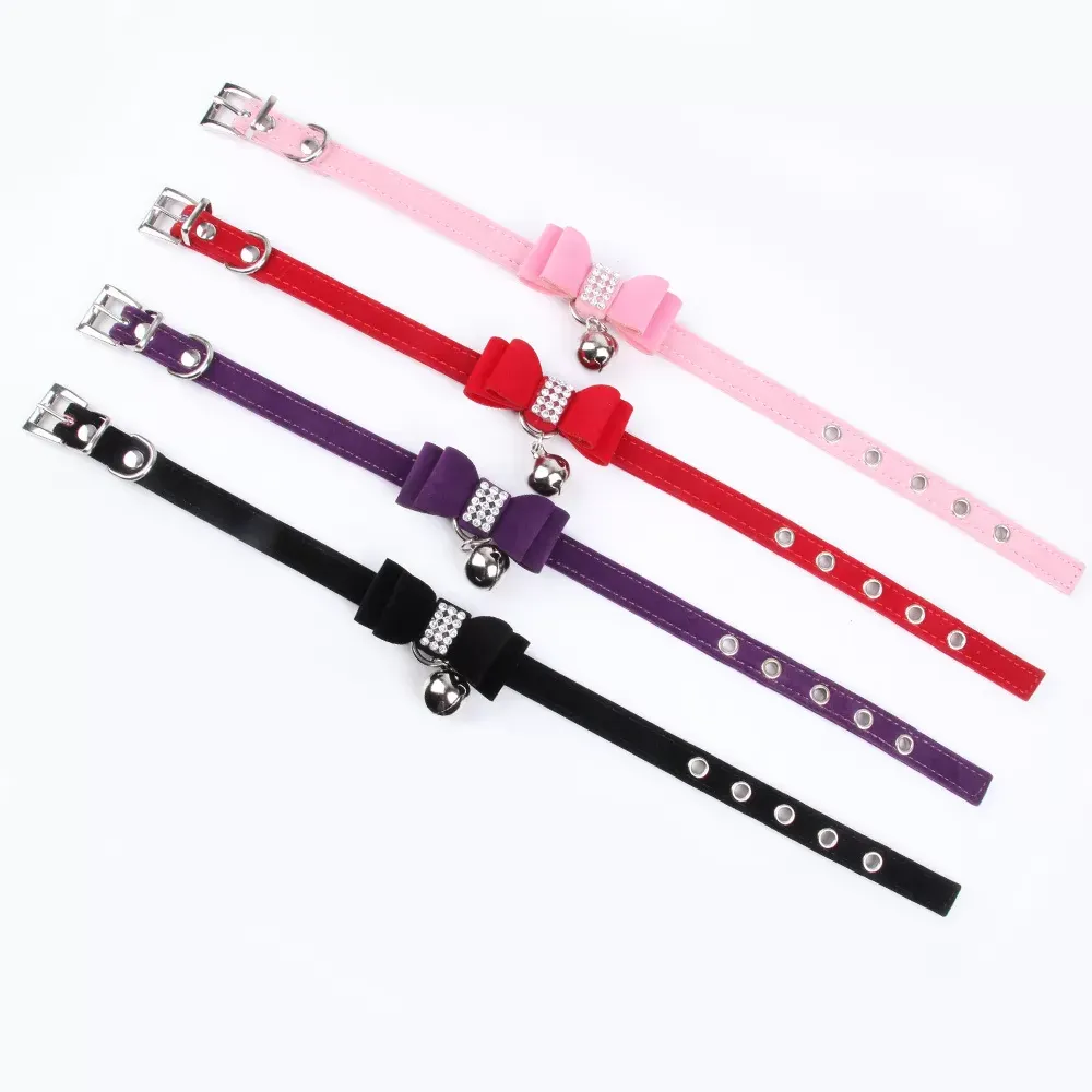 Pet Collar Dog Chain Velvet Elegant Diamond Bow Tie Cattie Collar With Bell