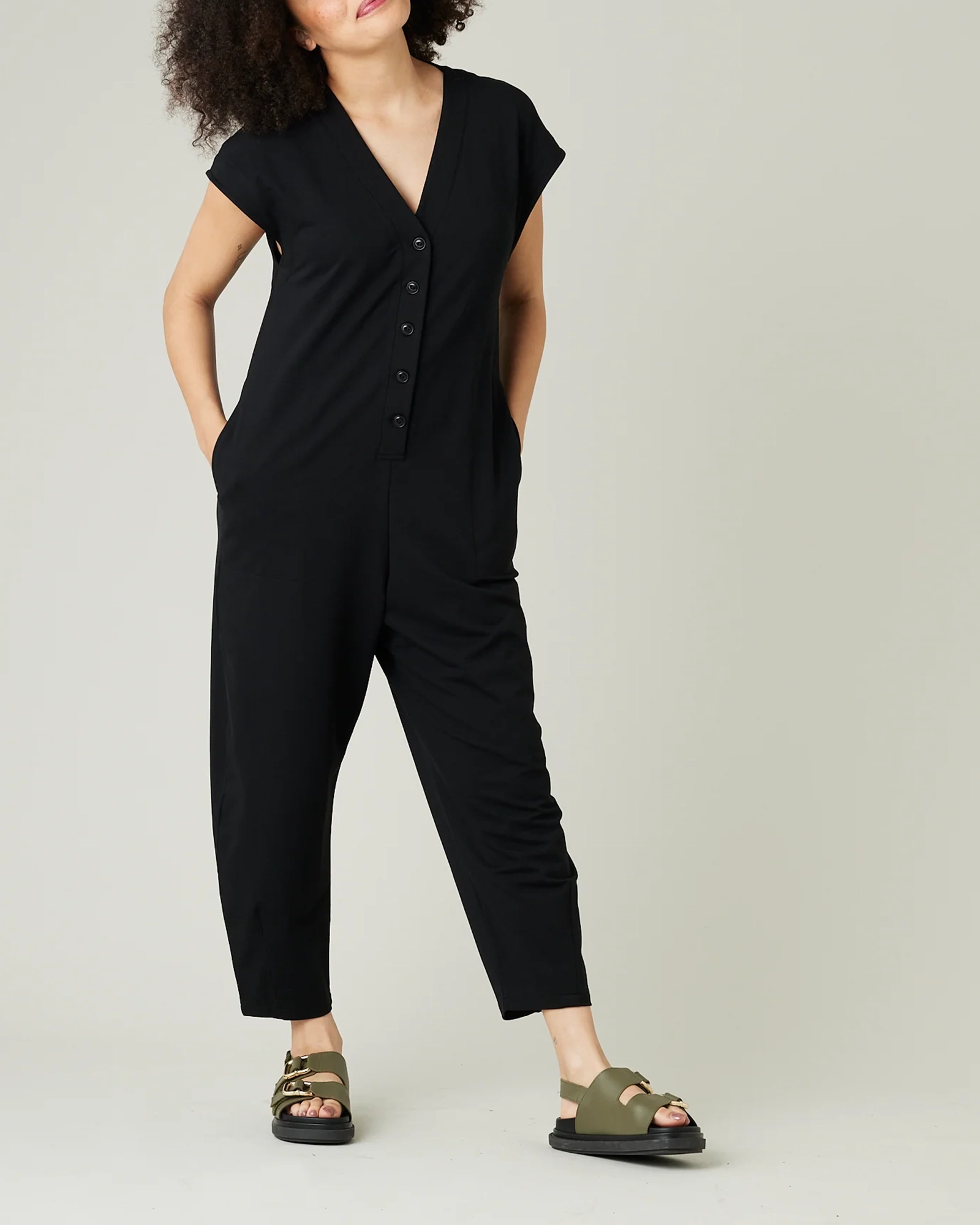 BLACK COTTON JERSEY JUMPSUIT