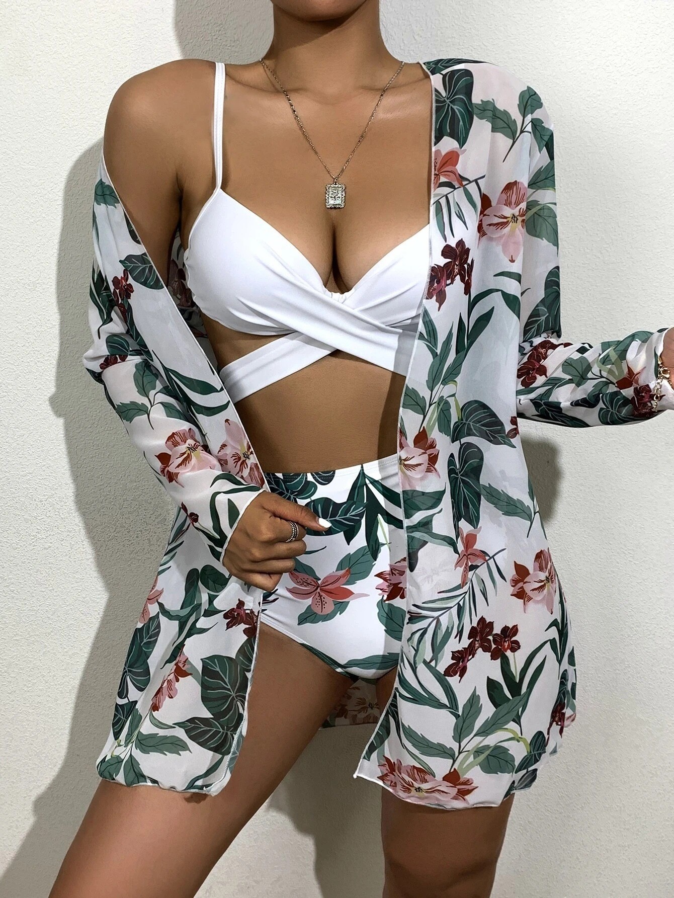 Printed High-waisted Bikini Chiffon Three-piece Swimsuit