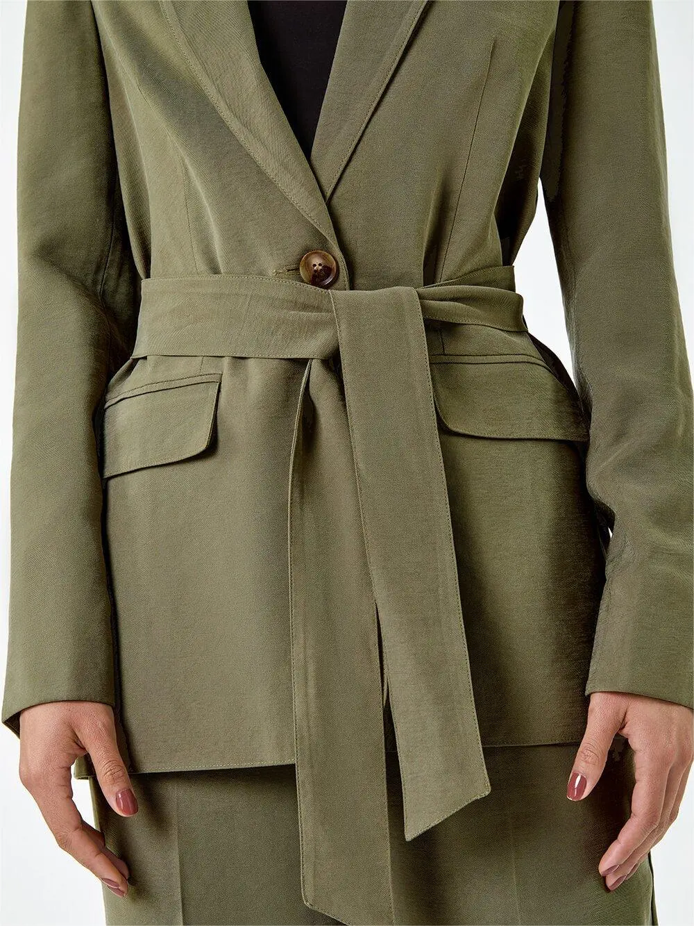 Khaki Tie Belt Blazer Jacket