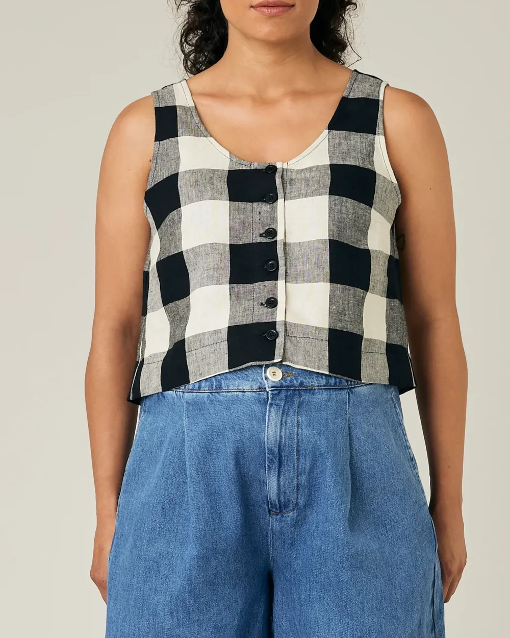 BETTY STONE & BLACK MEGA CHECK LINEN TOP