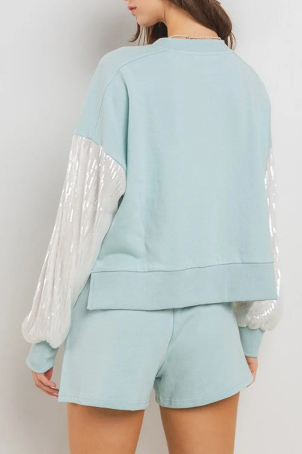 LT. BLUE SEQUIN SLEEVES SWEATSHIRT AND SHORTS SETS