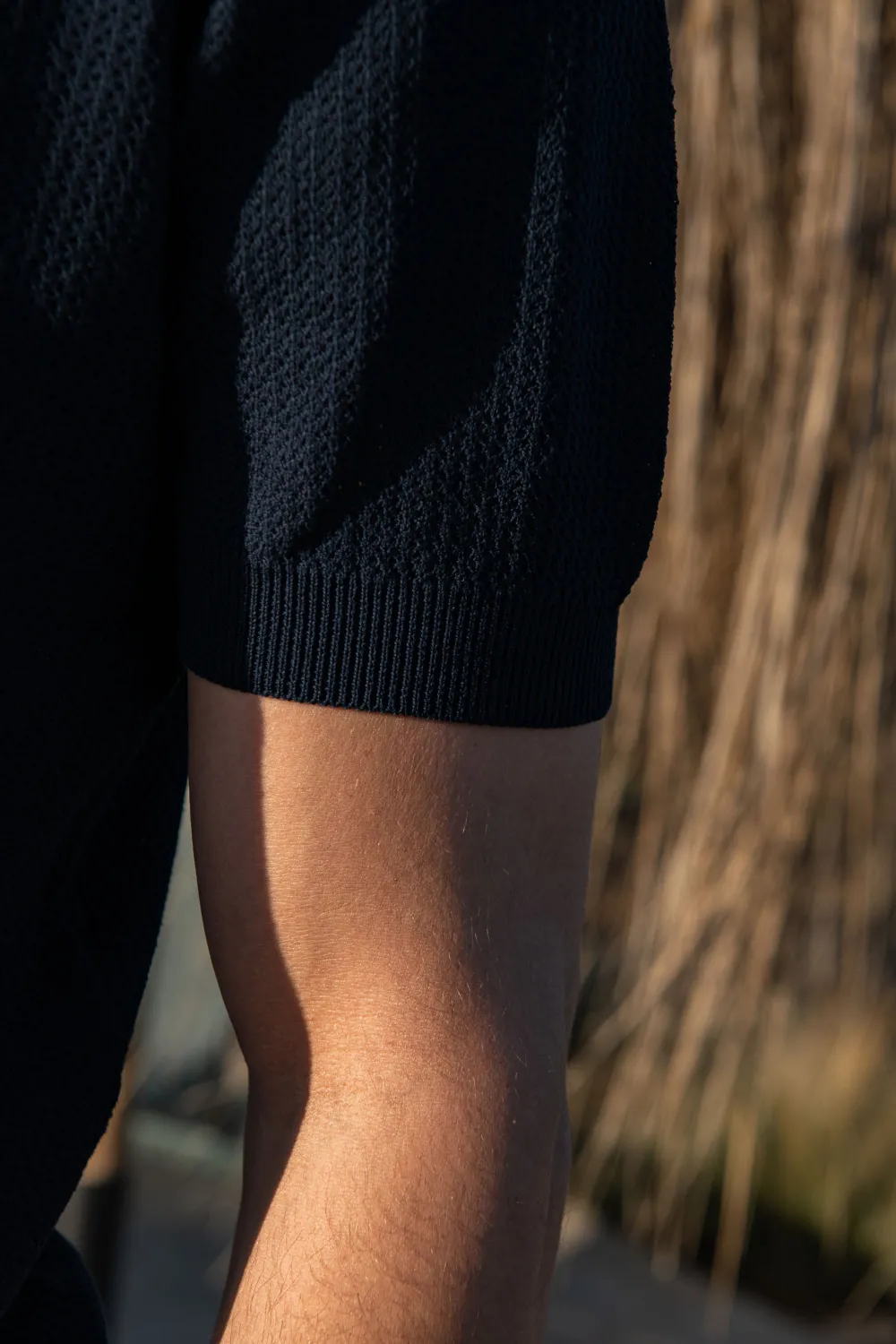 Blue Textured Knit Polo With Zip