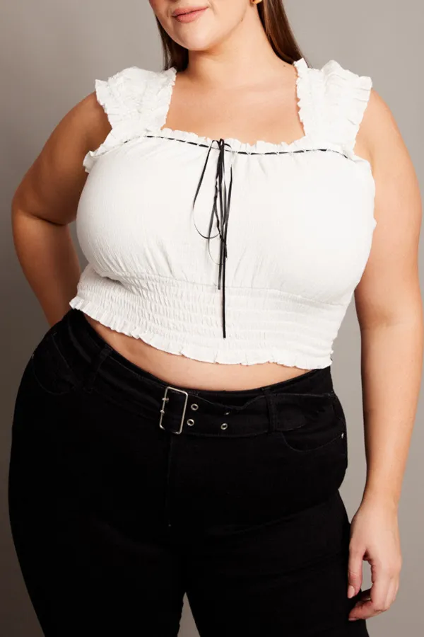 White Crop Top Short Sleeve Shirred Waist