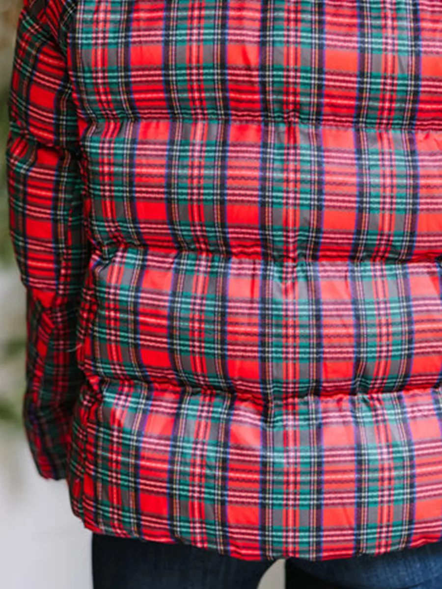 Red Tartan Plaid Puffer Jacket