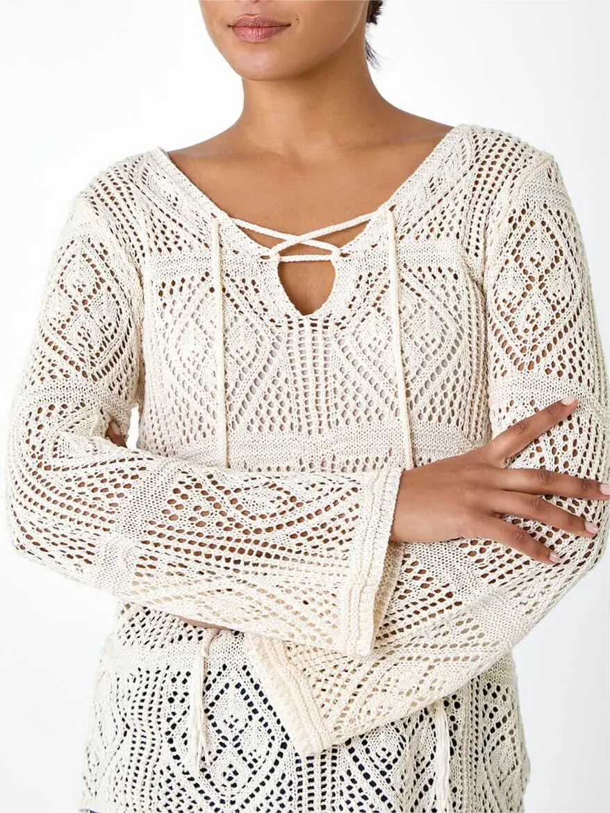 Ivory Crochet Tie Front V-Neck Tunic Top