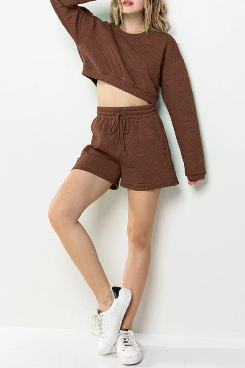 BROWN QUILTED CROP TOP AND SHORTS SET