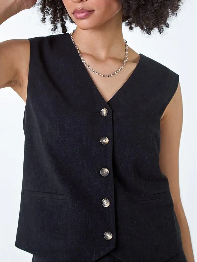 Black Linen Blend Button Through Waistcoat