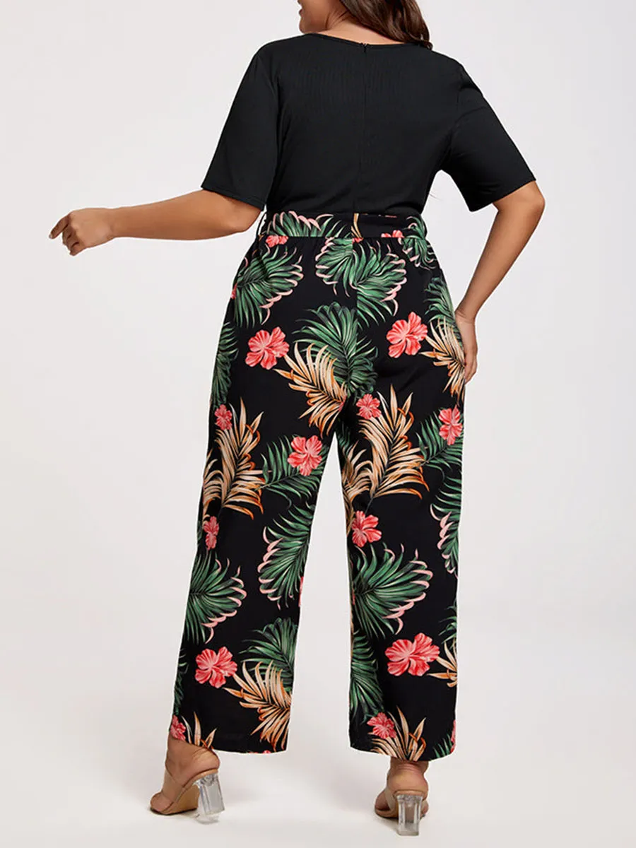 Plus Tropical Print Square Neck Belted Jumpsuit