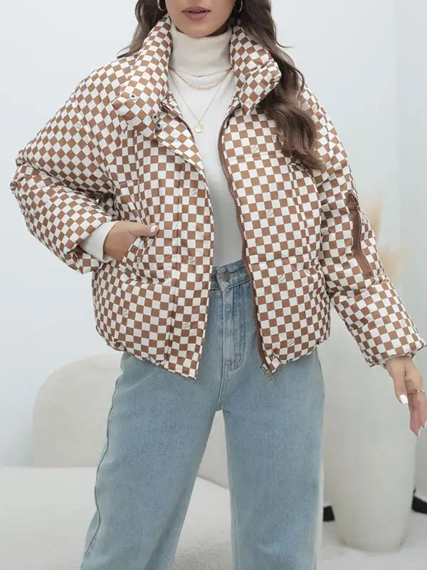 Long Sleeves Loose Keep Warm Plaid Quilted Zipper Stand Collar Padded Coat