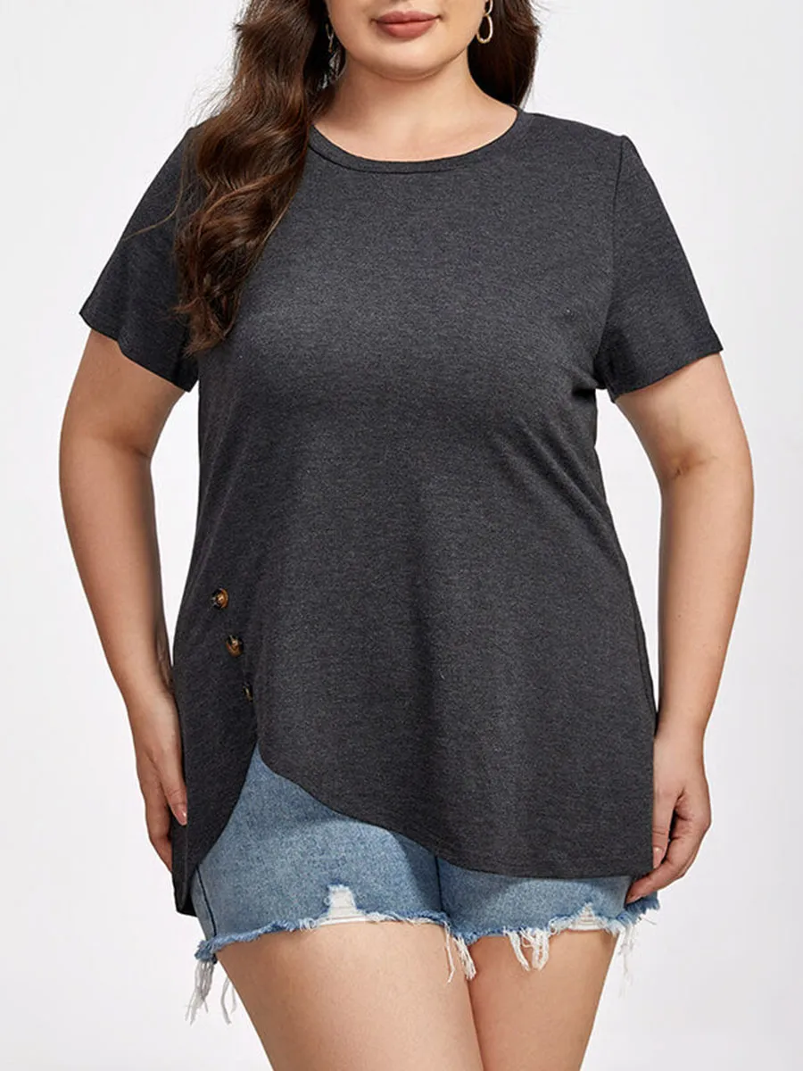 Plus Black Round Neck Button Ditsy Hem Tee