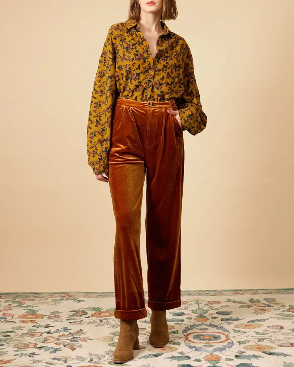 The Solid Pleated High Waisted Velvet Pants