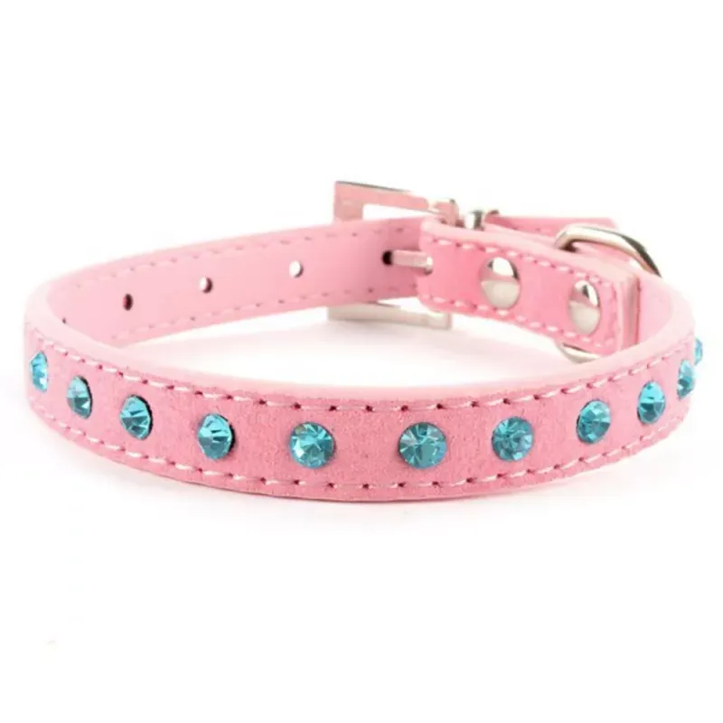 Small Pet Dog Velvet PU Leather Collar Puppy Cat Crystal Rhinestone Neck Strap