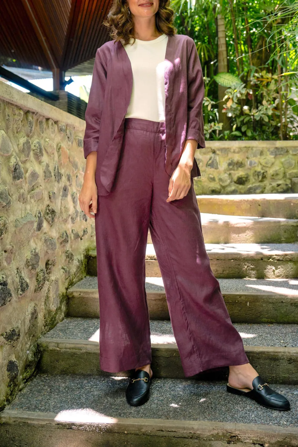 Short Linen Duster Jacket In Plum