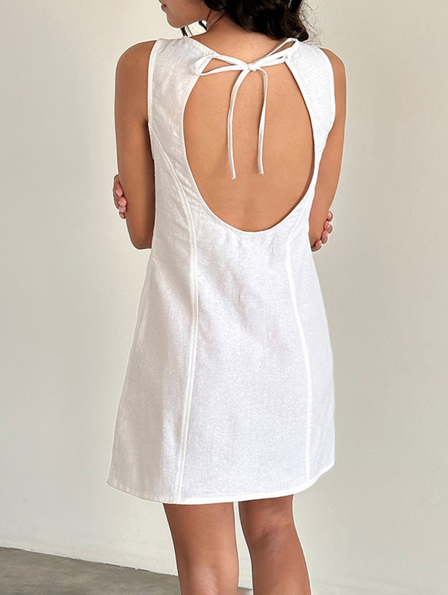 Ayana Open Back Mini Dress In Off White Linen