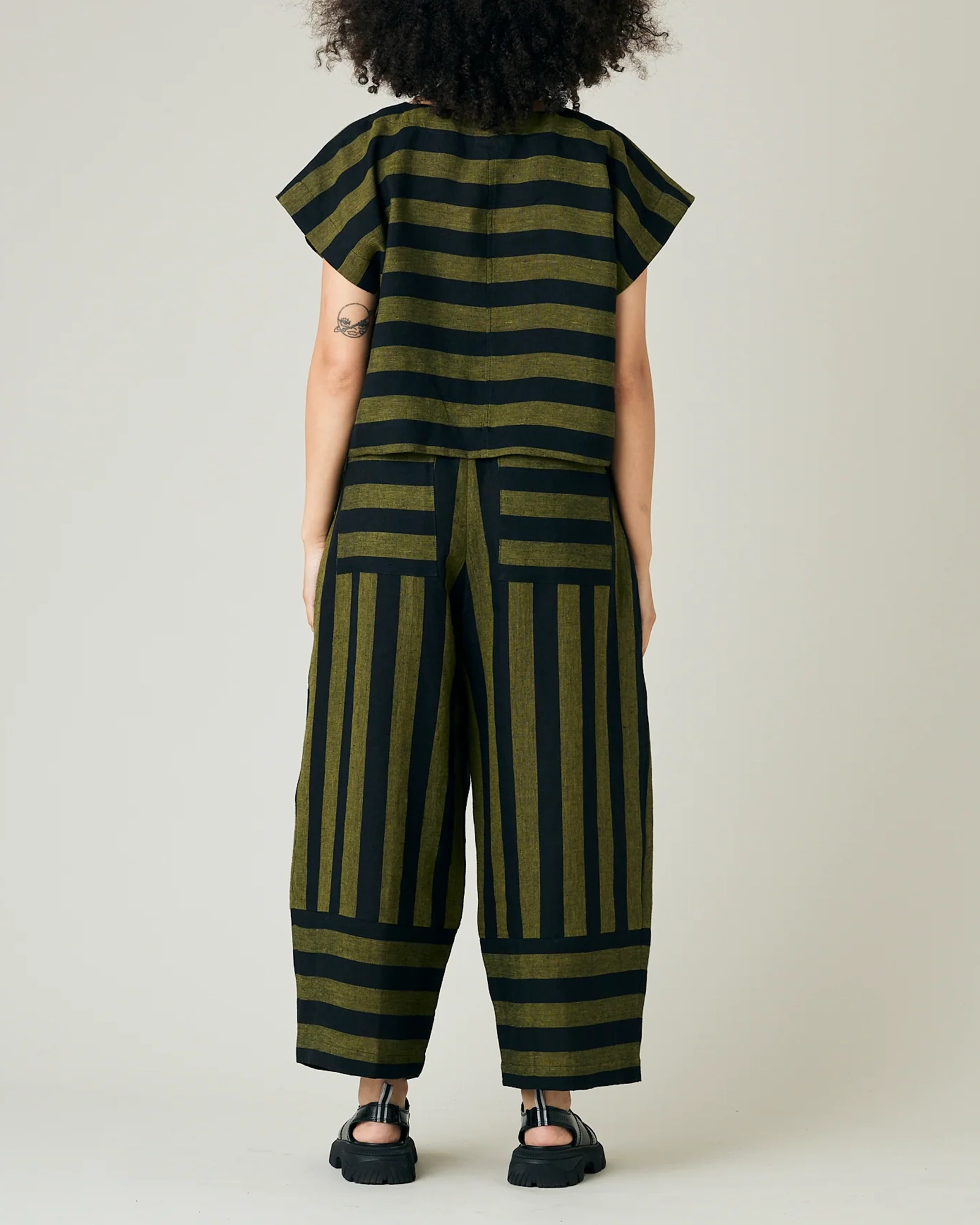 BOBBI BLACK & OLIVE STRIPE LINEN TROUSERS