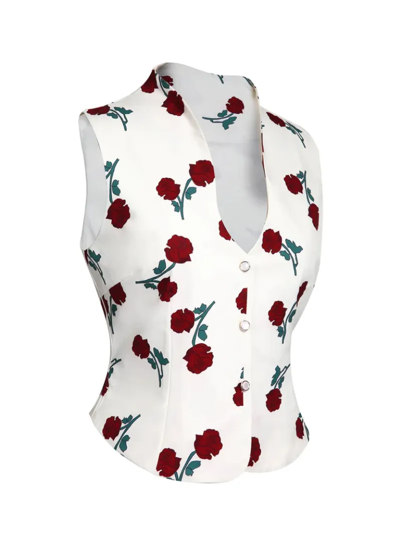 WHITE 1950S ROSES VINTAGE SLEEVELESS TOP